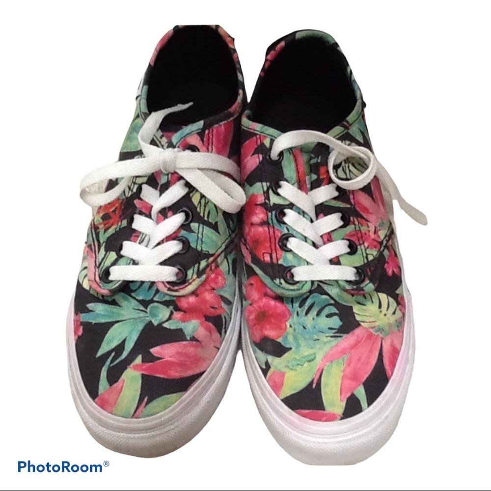 Vans Off The Wall Tropical Hibiscus Floral Black ‎Tennis Shoes Sneakers Beach